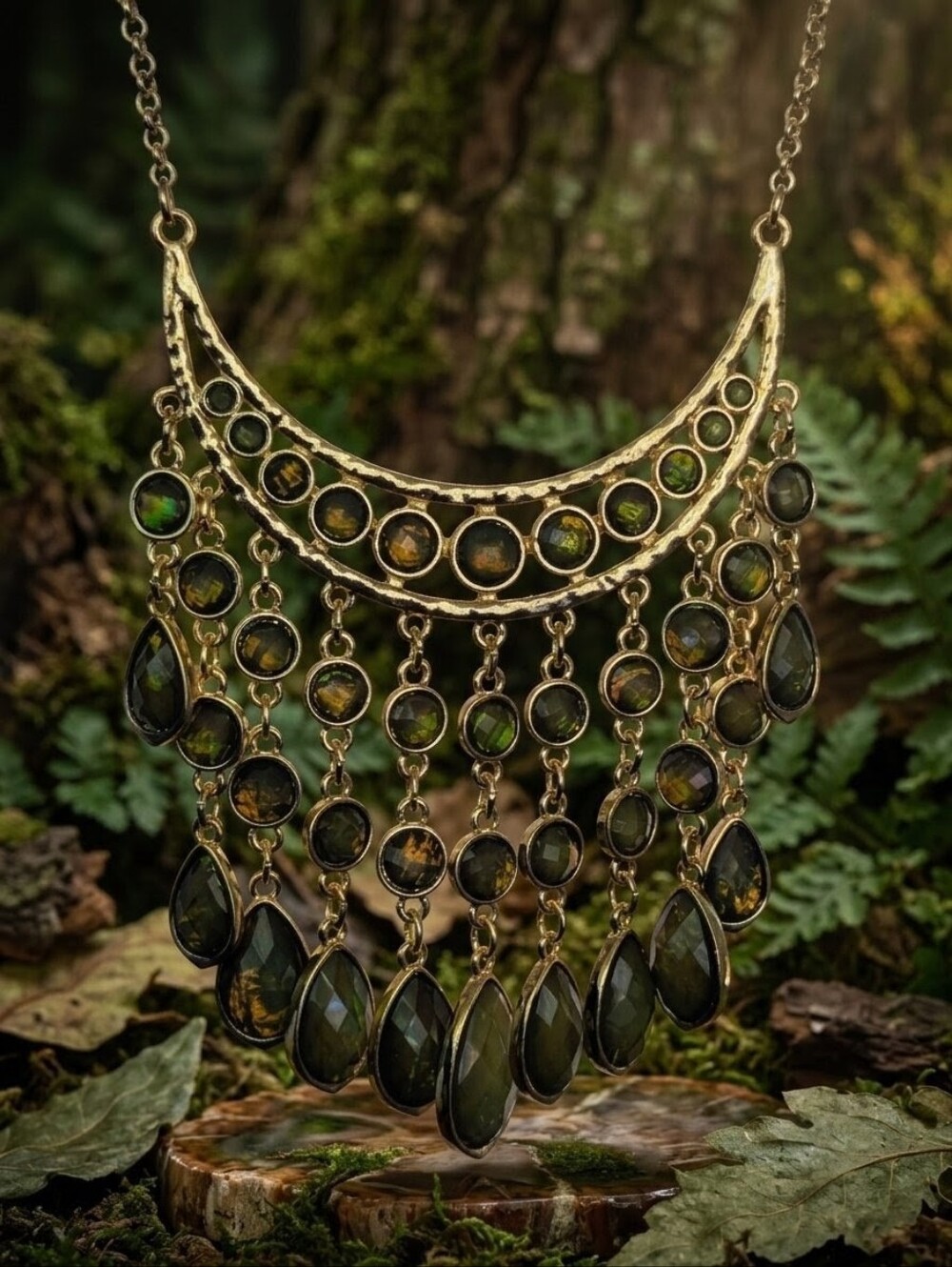 Vintage Gold Whimsigoth Color-Shift Chandelier Bib Necklace Statement | NOS - Picture 6 of 9